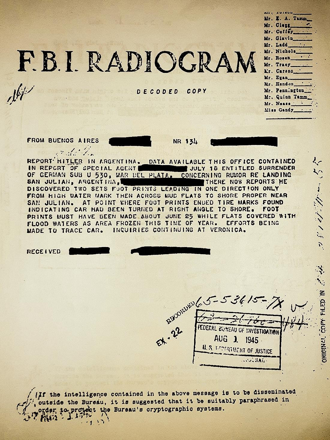 Documento del FBI sobre el paradero de Hitler y la mención al submarino U-530. 1 de agosto de 1945.